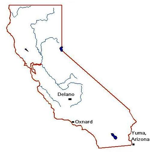 Map of California with Yuma, AZ, Delano, and Oxnard locations shown